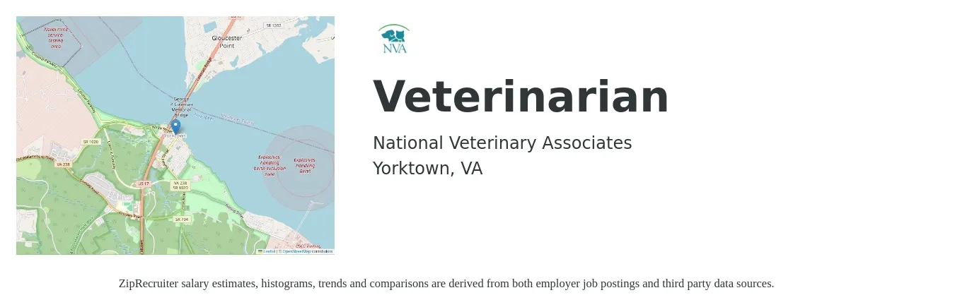 National Veterinary Associates job posting for a Veterinarian in Yorktown, VA with a salary of $99,000 to $192,700 Yearly with a map of Yorktown location.