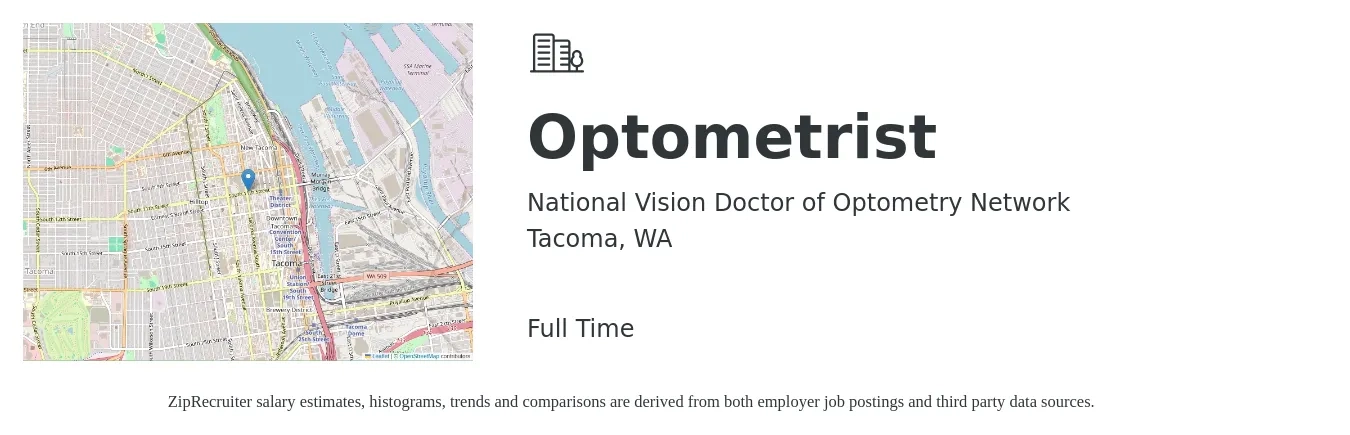 National Vision Doctor of Optometry Network job posting for a Optometrist in Tacoma, WA with a salary of $105,300 to $156,800 Yearly with a map of Tacoma location.