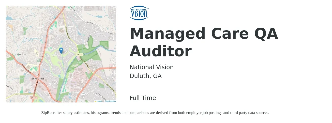 National Vision job posting for a Managed Care QA Auditor in Duluth, GA with a salary of $18 to $35 Hourly with a map of Duluth location.