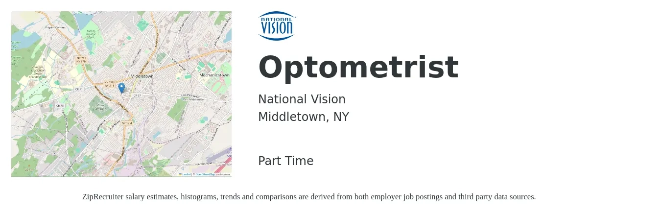 National Vision job posting for a Optometrist in Middletown, NY with a salary of $98,400 to $146,600 Yearly with a map of Middletown location.
