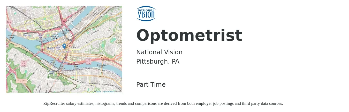 National Vision job posting for a Optometrist in Pittsburgh, PA with a salary of $95,100 to $141,700 Yearly with a map of Pittsburgh location.