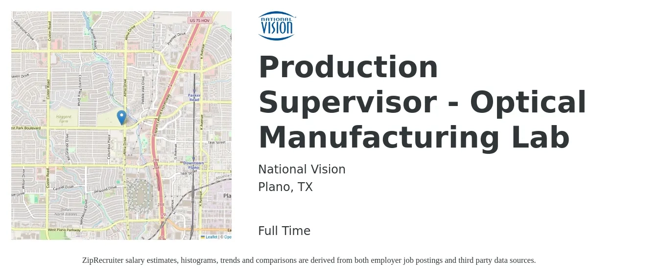 National Vision job posting for a Production Supervisor - Optical Manufacturing Lab in Plano, TX with a salary of $53,700 to $77,200 Yearly with a map of Plano location.