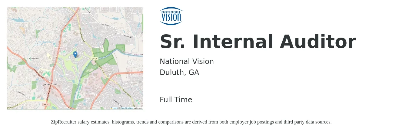 National Vision job posting for a Sr. Internal Auditor in Duluth, GA with a salary of $77,800 to $96,600 Yearly with a map of Duluth location.