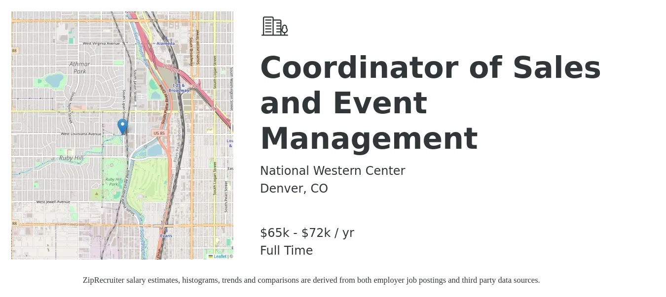 National Western Center job posting for a Coordinator of Sales and Event Management in Denver, CO with a salary of $65,000 to $72,000 Yearly with a map of Denver location.