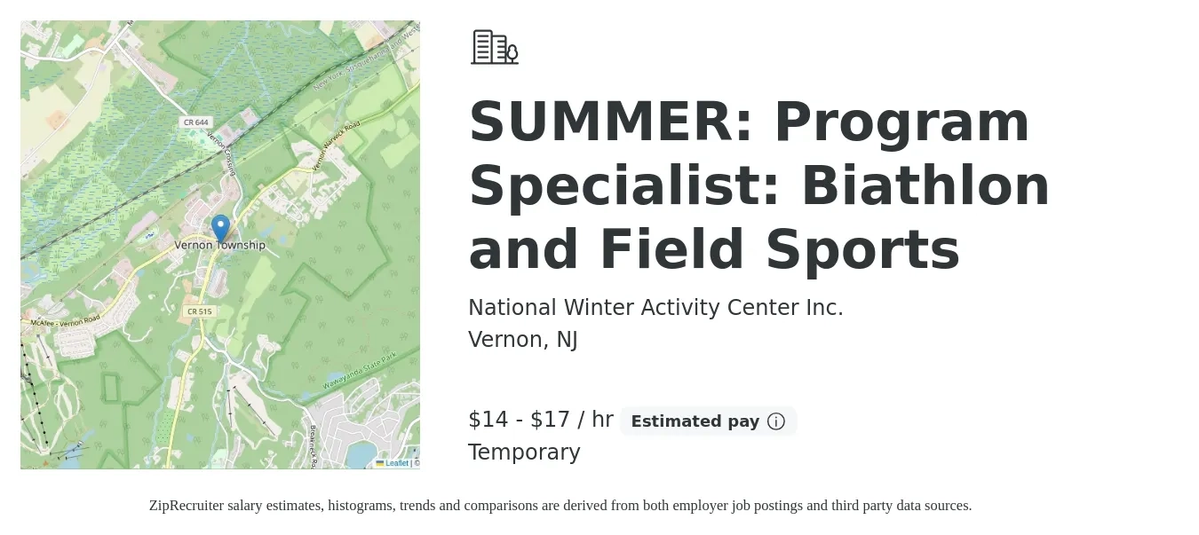 National Winter Activity Center Inc. job posting for a SUMMER: Program Specialist: Biathlon and Field Sports in Vernon, NJ with a salary of $15 to $18 Hourly with a map of Vernon location.
