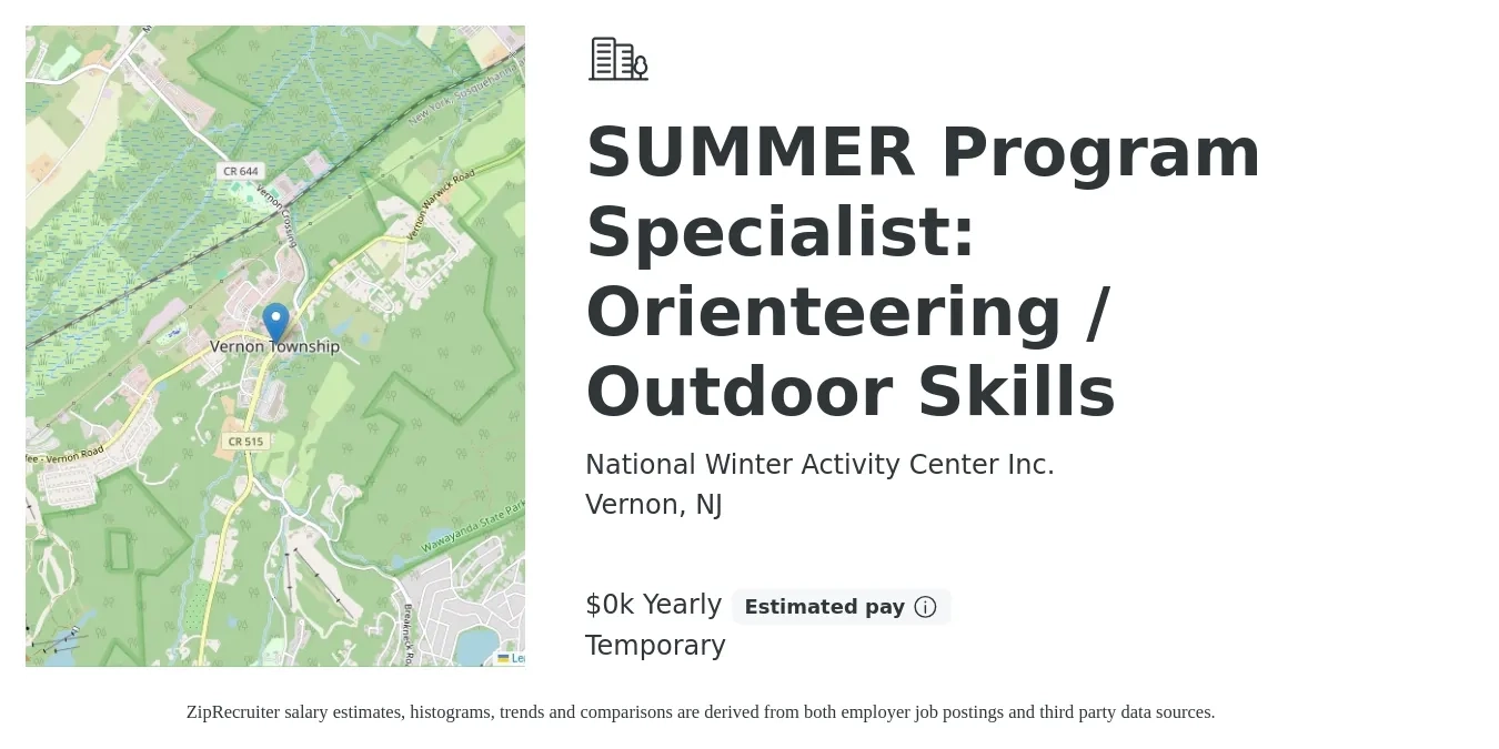 National Winter Activity Center Inc. job posting for a SUMMER Program Specialist: Orienteering / Outdoor Skills in Vernon, NJ with a salary of $14 to $18 Yearly with a map of Vernon location.