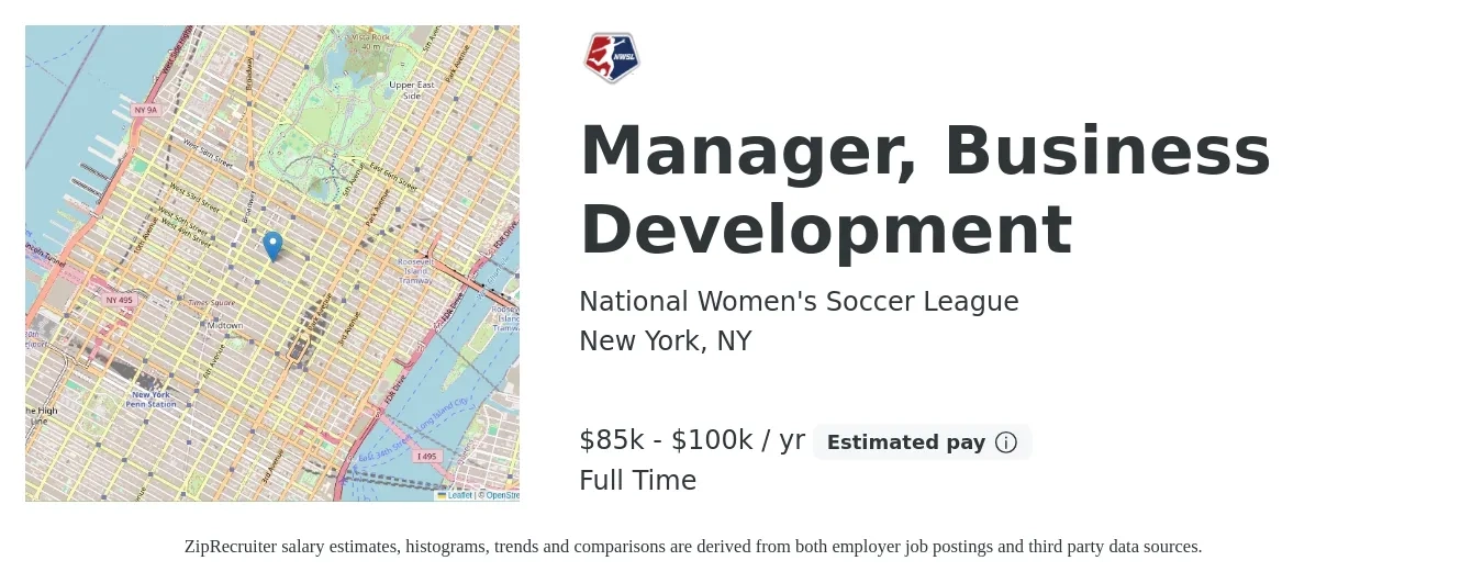 National Women's Soccer League job posting for a Manager, Business Development in New York, NY with a salary of $85,000 to $100,000 Yearly with a map of New York location.