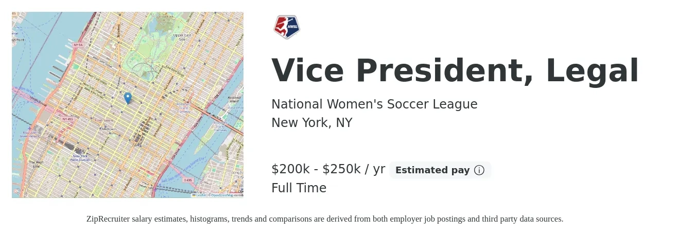 National Women's Soccer League job posting for a Vice President, Legal in New York, NY with a salary of $200,000 to $250,000 Yearly with a map of New York location.