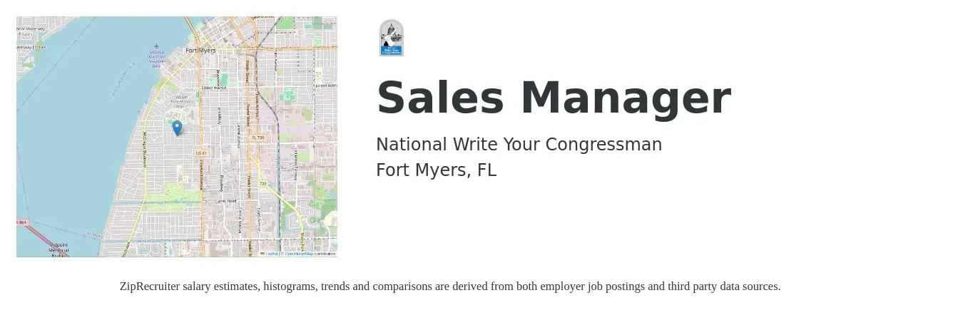National Write Your Congressman job posting for a Sales Manager in Fort Myers, FL with a salary of $42,000 to $90,100 Yearly with a map of Fort Myers location.