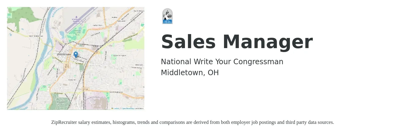 National Write Your Congressman job posting for a Sales Manager in Middletown, OH with a salary of $42,700 to $91,600 Yearly with a map of Middletown location.