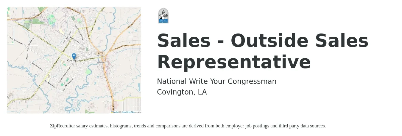 National Write Your Congressman job posting for a Sales - Outside Sales Representative in Covington, LA with a salary of $45,200 to $77,400 Yearly with a map of Covington location.