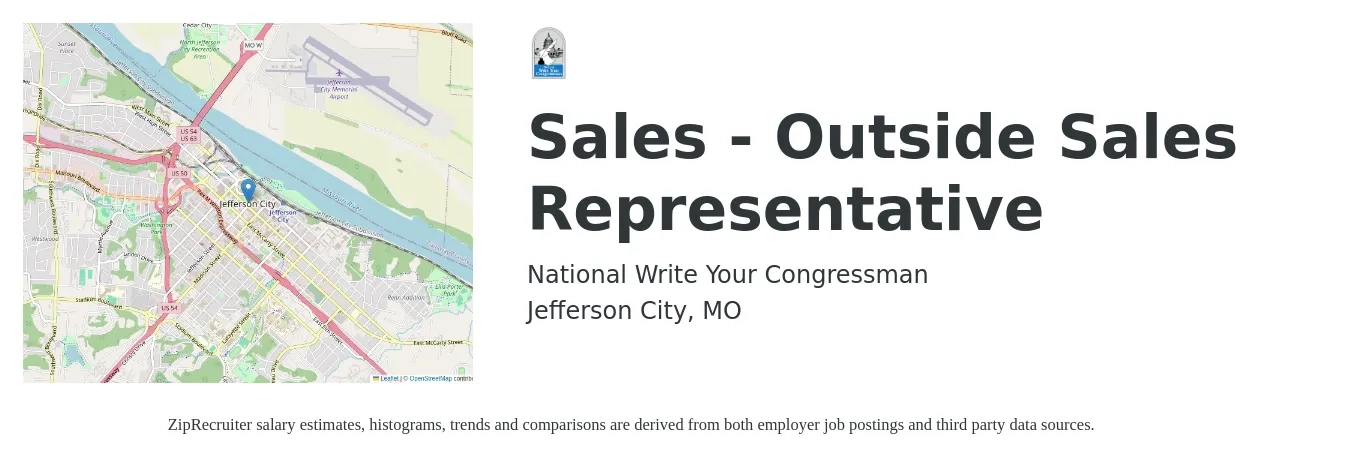 National Write Your Congressman job posting for a Sales - Outside Sales Representative in Jefferson City, MO with a salary of $49,800 to $85,300 Yearly with a map of Jefferson City location.
