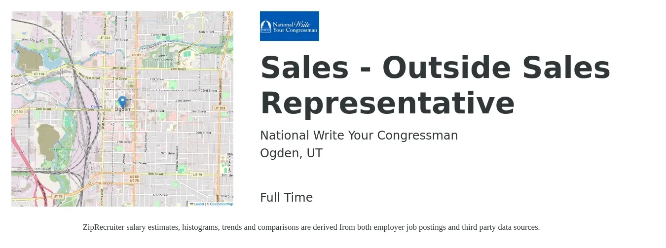 National Write Your Congressman job posting for a Sales - Outside Sales Representative in Ogden, UT with a salary of $51,400 to $88,100 Yearly with a map of Ogden location.