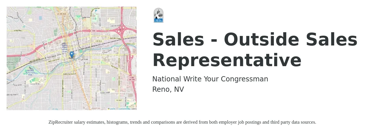National Write Your Congressman job posting for a Sales - Outside Sales Representative in Reno, NV with a salary of $52,300 to $89,700 Yearly with a map of Reno location.