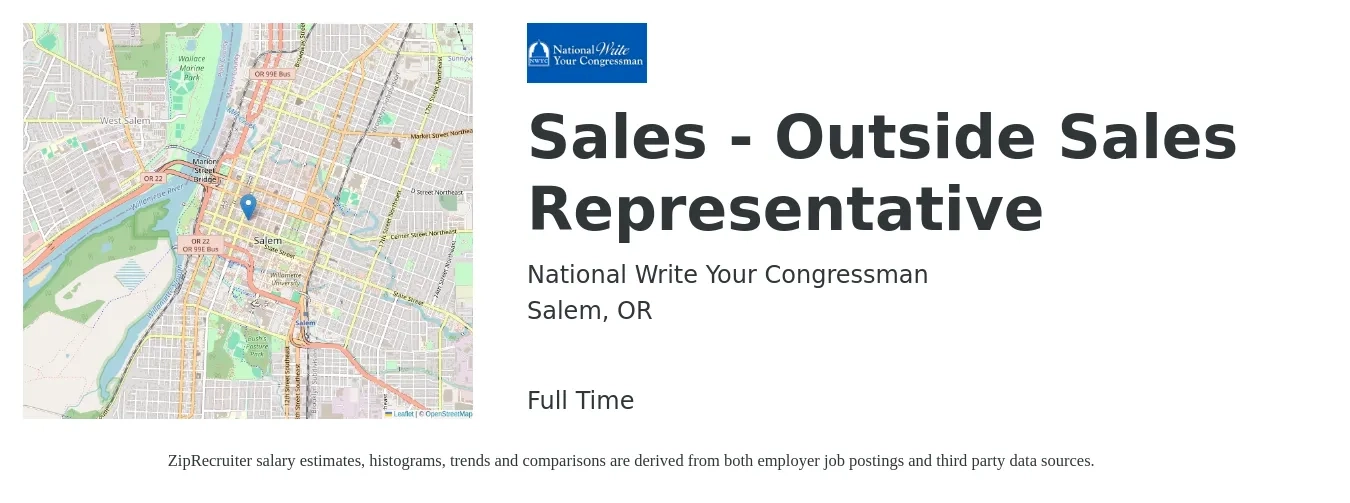 National Write Your Congressman job posting for a Sales - Outside Sales Representative in Salem, OR with a salary of $52,800 to $90,500 Yearly with a map of Salem location.