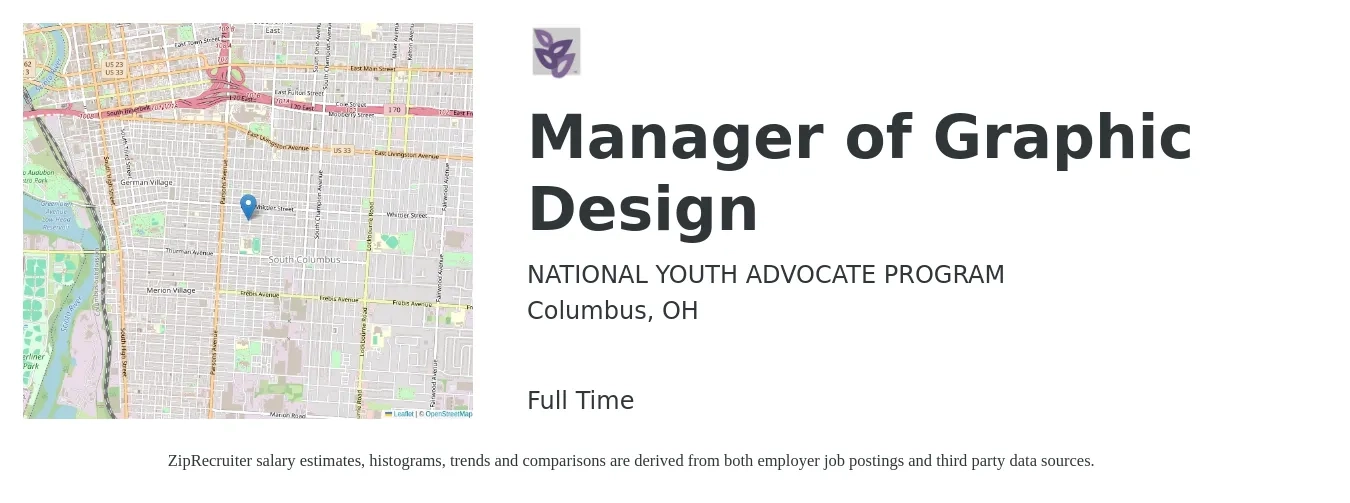 NATIONAL YOUTH ADVOCATE PROGRAM job posting for a Manager of Graphic Design in Columbus, OH with a salary of $59,400 to $78,300 Yearly with a map of Columbus location.