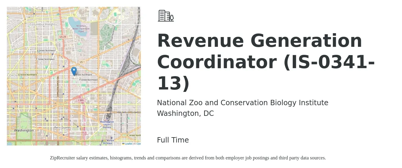 National Zoo and Conservation Biology Institute job posting for a Revenue Generation Coordinator (IS-0341-13) in Washington, DC with a salary of $64,600 to $94,000 Yearly with a map of Washington location.
