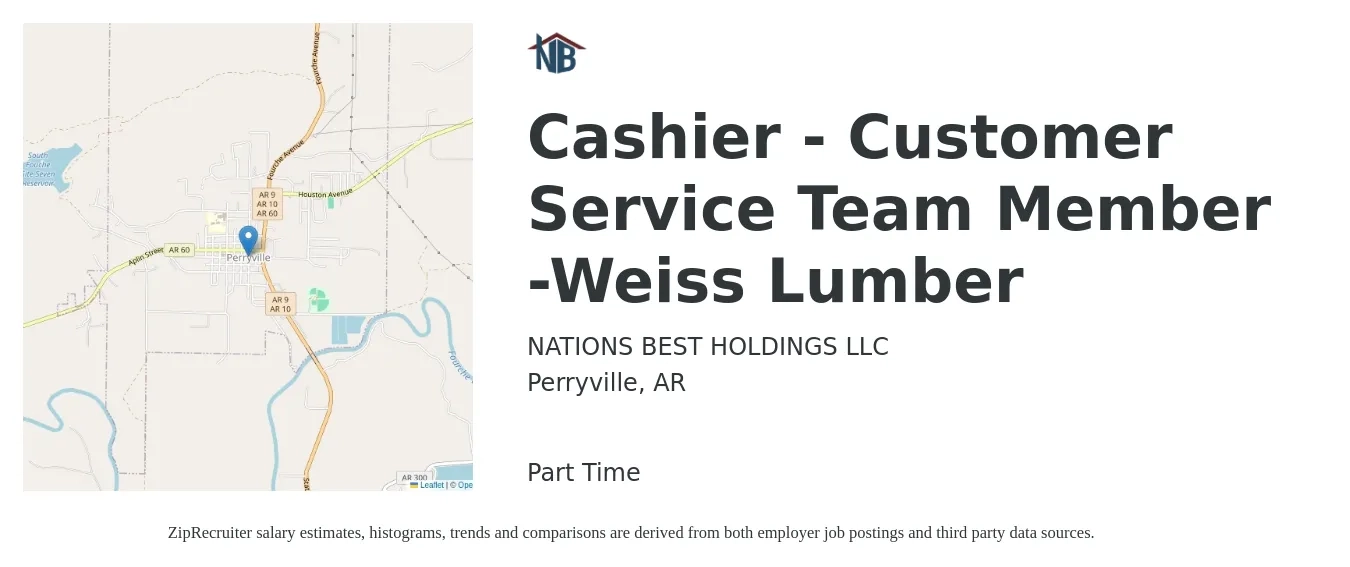 NATIONS BEST HOLDINGS LLC job posting for a Cashier - Customer Service Team Member -Weiss Lumber in Perryville, AR with a salary of $11 to $14 Hourly with a map of Perryville location.