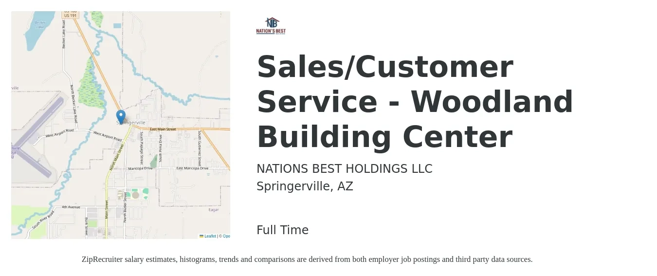 NATIONS BEST HOLDINGS LLC job posting for a Sales/Customer Service - Woodland Building Center in Springerville, AZ with a salary of $17 to $26 Hourly with a map of Springerville location.