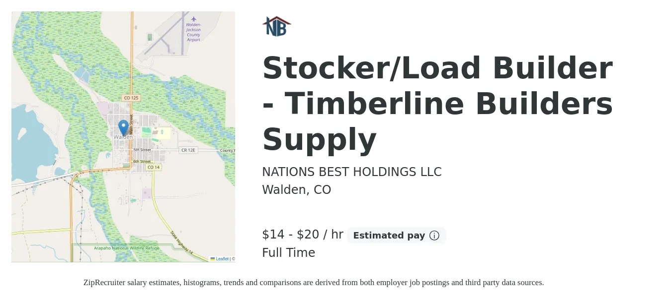 NATIONS BEST HOLDINGS LLC job posting for a Stocker/Load Builder - Timberline Builders Supply in Walden, CO with a salary of $15 to $21 Hourly with a map of Walden location.