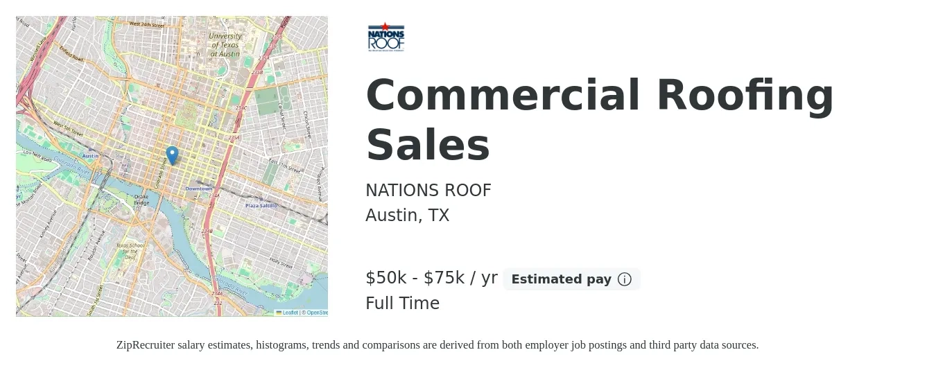 NATIONS ROOF job posting for a Commercial Roofing Sales in Austin, TX with a salary of $50,000 to $75,000 Yearly with a map of Austin location.