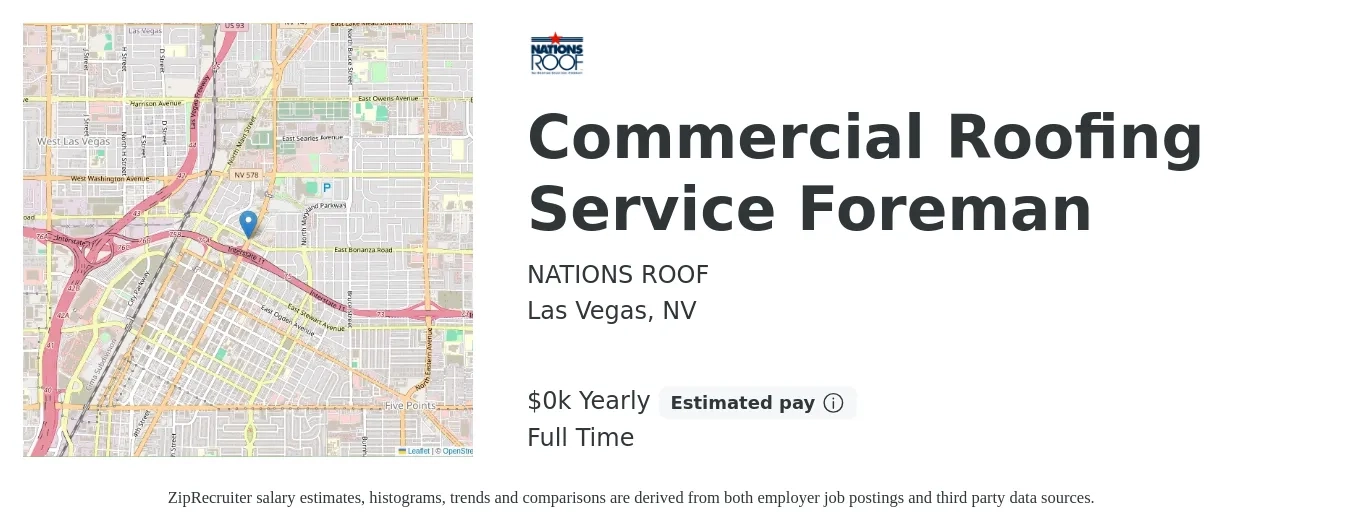 NATIONS ROOF job posting for a Commercial Roofing Service Foreman in Las Vegas, NV with a salary of $26 to $35 Hourly with a map of Las Vegas location.