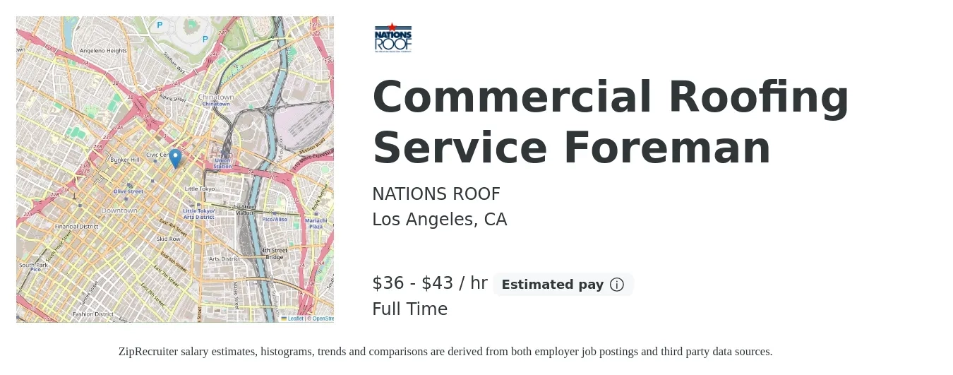 NATIONS ROOF job posting for a Commercial Roofing Service Foreman in Los Angeles, CA with a salary of $38 to $45 Hourly with a map of Los Angeles location.