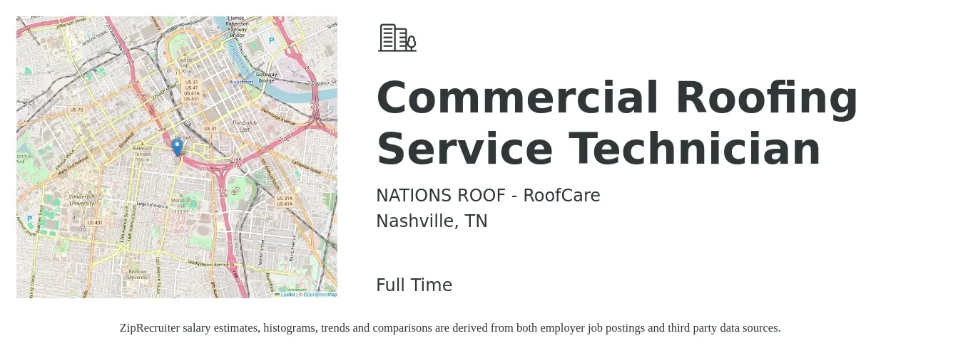 NATIONS ROOF - RoofCare job posting for a Commercial Roofing Service Technician in Nashville, TN with a salary of $20 to $24 Hourly with a map of Nashville location.