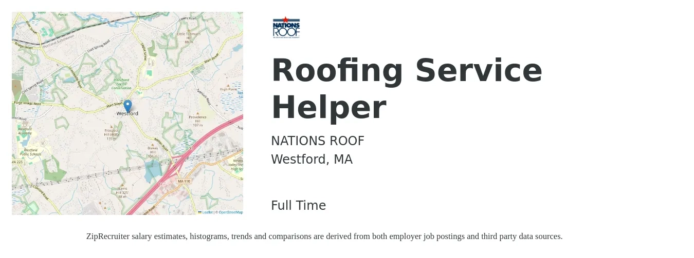 NATIONS ROOF job posting for a Roofing Service Helper in Westford, MA with a salary of $19 to $24 Hourly with a map of Westford location.
