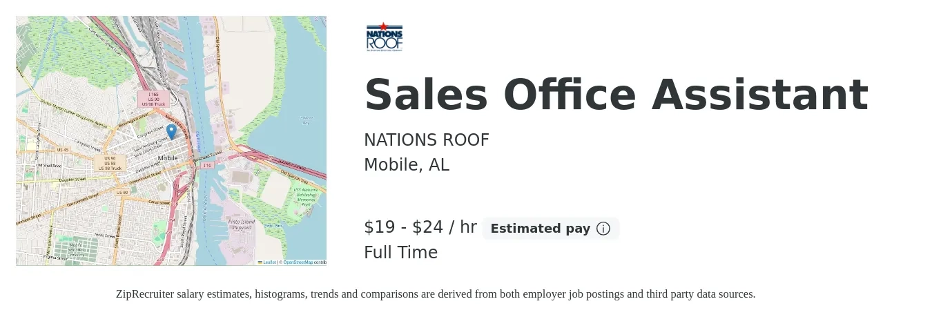 NATIONS ROOF job posting for a Sales Office Assistant in Mobile, AL with a salary of $20 to $25 Hourly with a map of Mobile location.