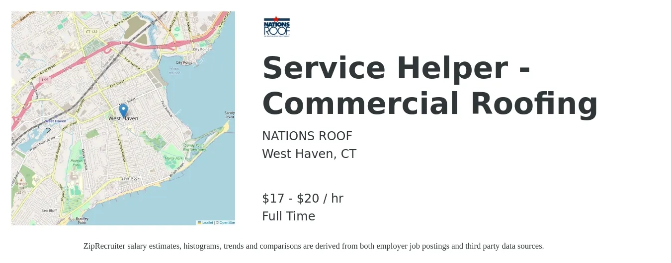 NATIONS ROOF job posting for a Service Helper - Commercial Roofing in West Haven, CT with a salary of $18 to $21 Hourly with a map of West Haven location.