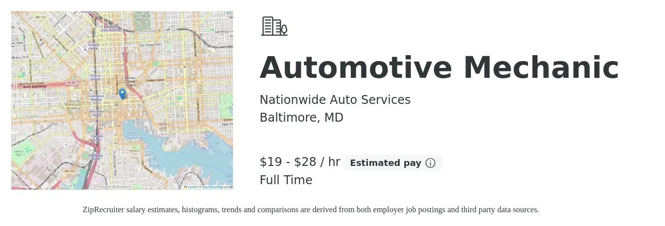Nationwide Auto Services job posting for a Automotive Mechanic in Baltimore, MD with a salary of $20 to $30 Hourly with a map of Baltimore location.