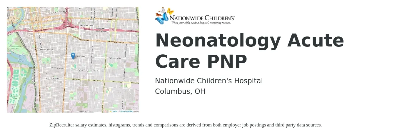 Nationwide Children's Hospital job posting for a Neonatology Acute Care PNP in Columbus, OH with a salary of $49 to $64 Hourly with a map of Columbus location.