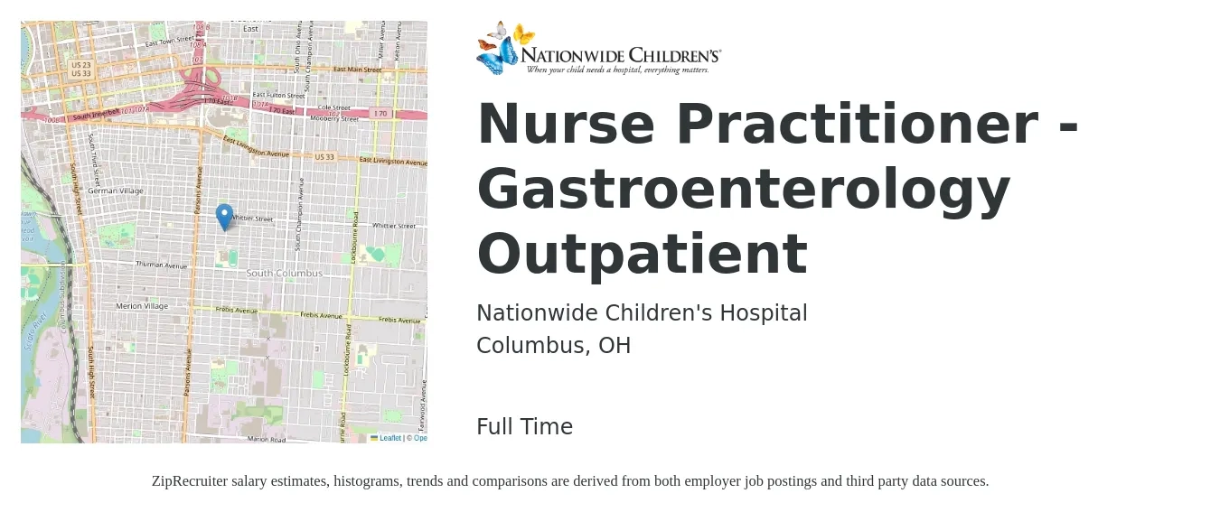Nationwide Children's Hospital job posting for a Nurse Practitioner - Gastroenterology Outpatient in Columbus, OH with a salary of $104,400 to $145,000 Yearly with a map of Columbus location.