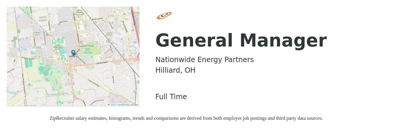 Nationwide Energy Partners job posting for a General Manager in Hilliard, OH with a salary of $46,800 to $70,000 Yearly with a map of Hilliard location.