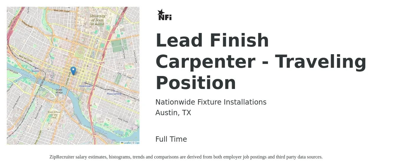 Nationwide Fixture Installations job posting for a Lead Finish Carpenter - Traveling Position in Austin, TX with a salary of $24 to $31 Hourly with a map of Austin location.