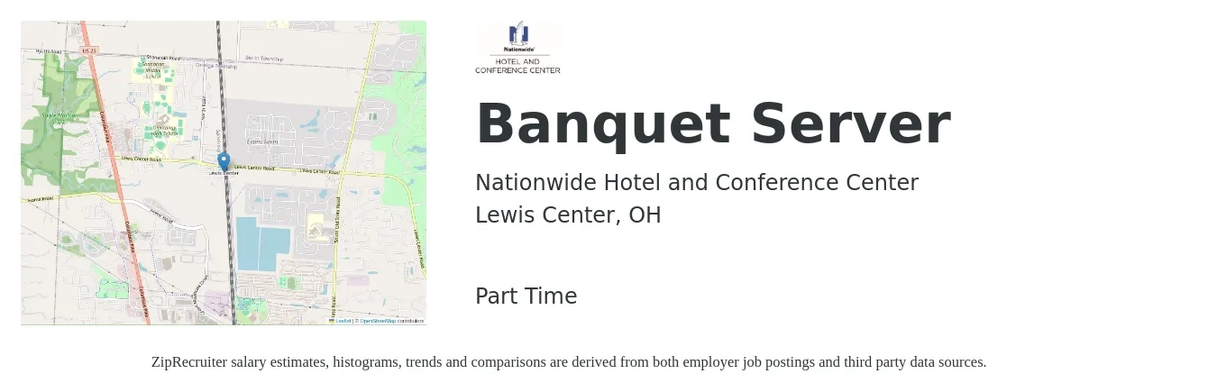 Nationwide Hotel and Conference Center job posting for a Banquet Server in Lewis Center, OH with a salary of $20 to $26 Hourly with a map of Lewis Center location.