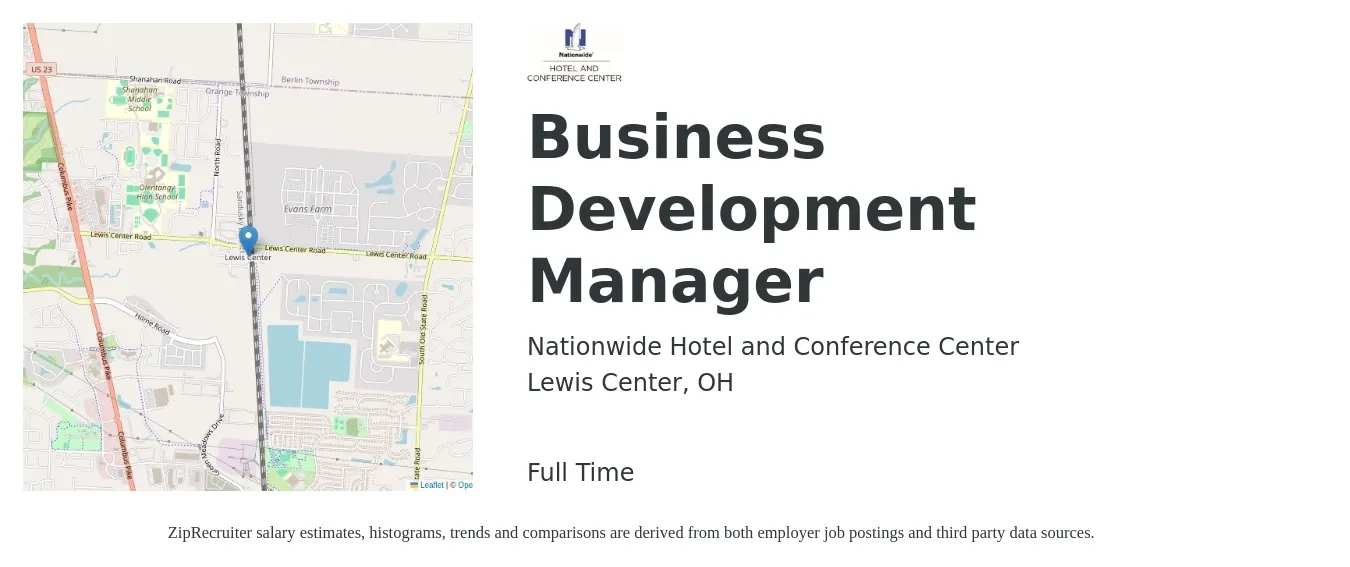 Nationwide Hotel and Conference Center job posting for a Business Development Manager in Lewis Center, OH with a salary of $58,000 to $95,100 Yearly with a map of Lewis Center location.