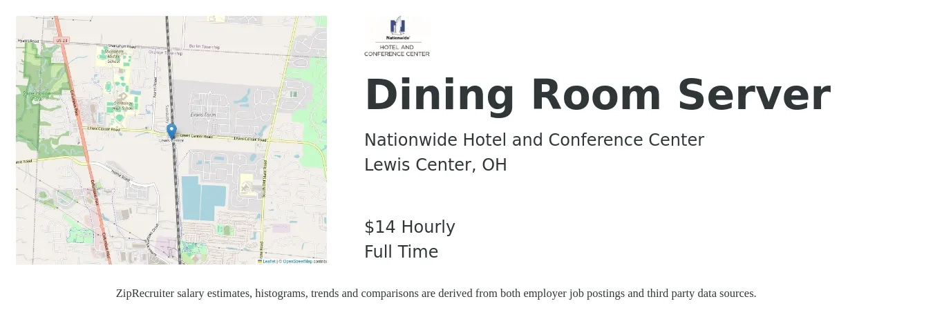 Nationwide Hotel and Conference Center job posting for a Dining Room Server in Lewis Center, OH with a salary of $15 Hourly with a map of Lewis Center location.