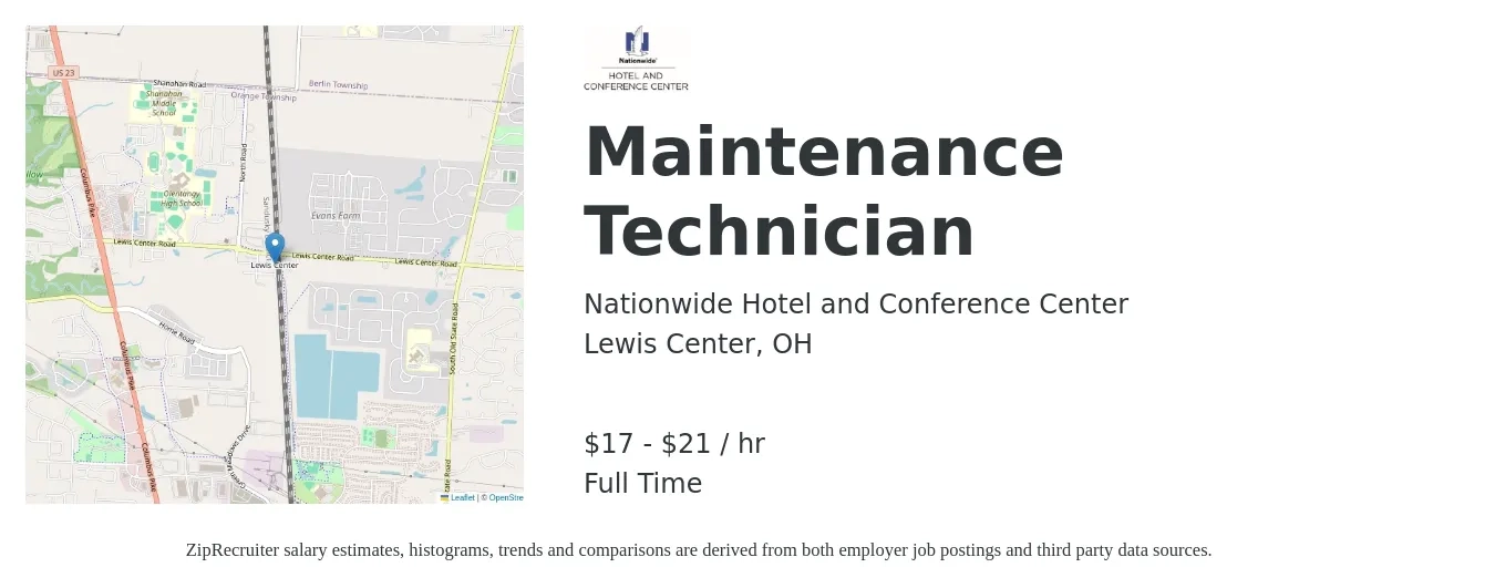 Nationwide Hotel and Conference Center job posting for a Maintenance Technician in Lewis Center, OH with a salary of $18 to $22 Hourly with a map of Lewis Center location.