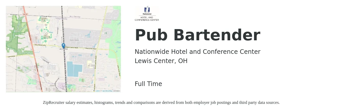 Nationwide Hotel and Conference Center job posting for a Pub Bartender in Lewis Center, OH with a salary of $15 Hourly with a map of Lewis Center location.