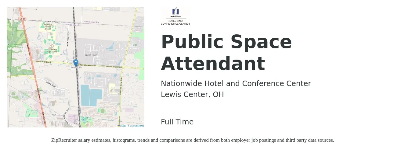 Nationwide Hotel and Conference Center job posting for a Public Space Attendant in Lewis Center, OH with a salary of $15 Hourly with a map of Lewis Center location.