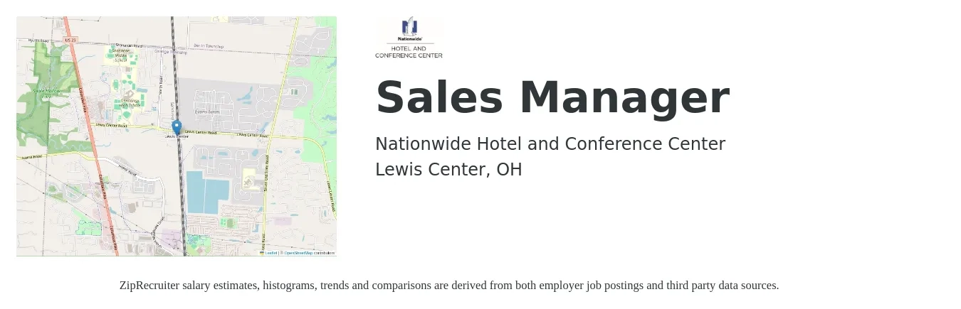 Nationwide Hotel and Conference Center job posting for a Sales Manager in Lewis Center, OH with a salary of $42,800 to $91,800 Yearly with a map of Lewis Center location.