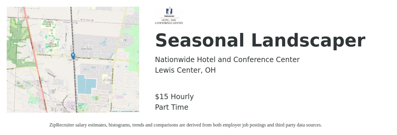 Nationwide Hotel and Conference Center job posting for a Seasonal Landscaper in Lewis Center, OH with a salary of $16 Hourly with a map of Lewis Center location.