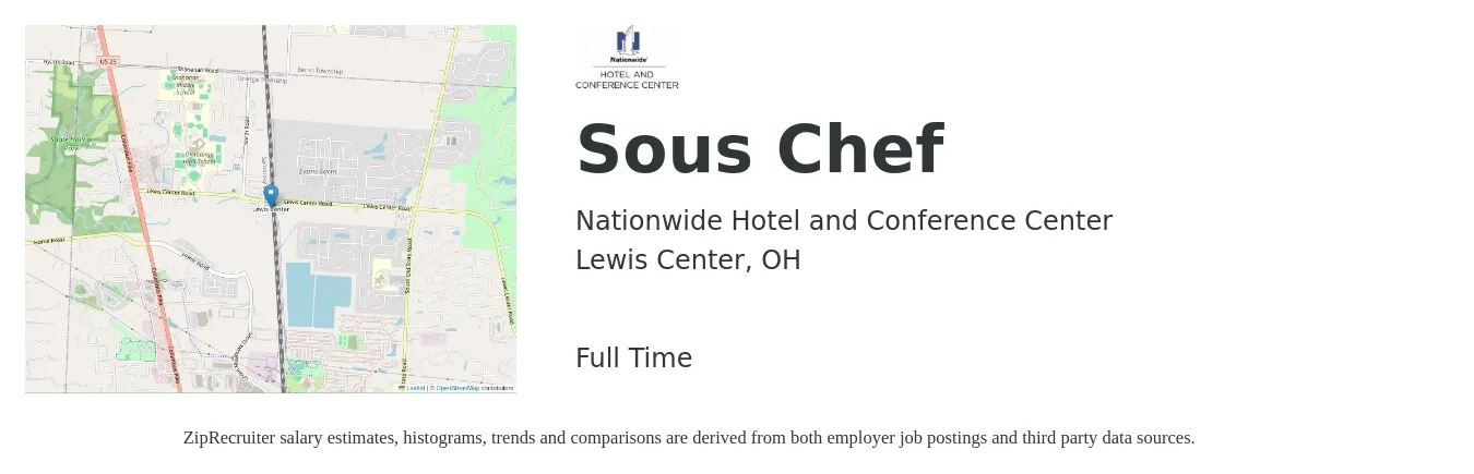Nationwide Hotel and Conference Center job posting for a Sous Chef in Lewis Center, OH with a salary of $47,600 to $64,200 Yearly with a map of Lewis Center location.