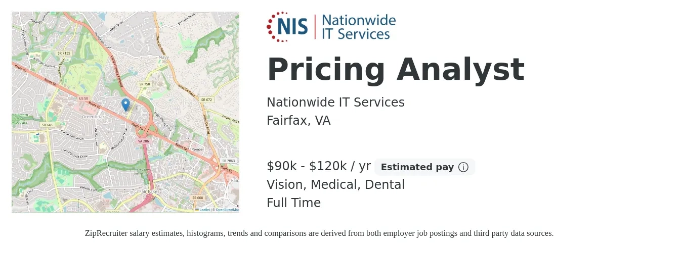 Nationwide IT Services job posting for a Pricing Analyst in Fairfax, VA with a salary of $90,000 to $120,000 Yearly and benefits including life_insurance, medical, retirement, vision, and dental with a map of Fairfax location.