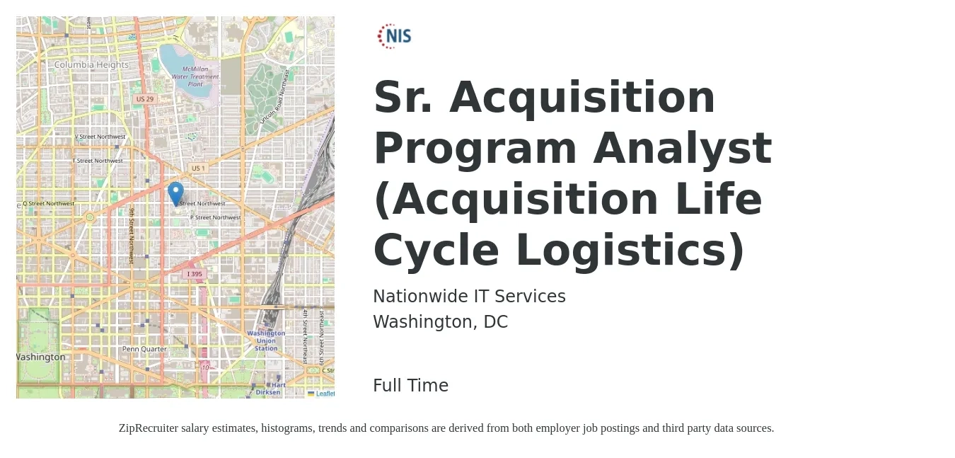 Nationwide IT Services job posting for a Sr. Acquisition Program Analyst (Acquisition Life Cycle Logistics) in Washington, DC with a salary of $131,400 to $131,900 Yearly with a map of Washington location.