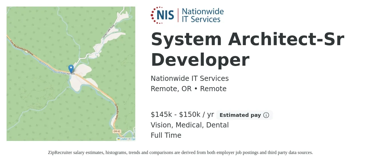 Nationwide IT Services job posting for a System Architect-Sr Developer in Remote, OR with a salary of $145,000 to $150,000 Yearly and benefits including retirement, vision, dental, life_insurance, and medical with a map of Remote location.