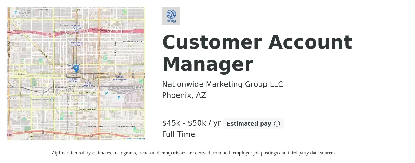 Nationwide Marketing Group LLC job posting for a Customer Account Manager in Phoenix, AZ with a salary of $45,000 to $50,000 Yearly with a map of Phoenix location.