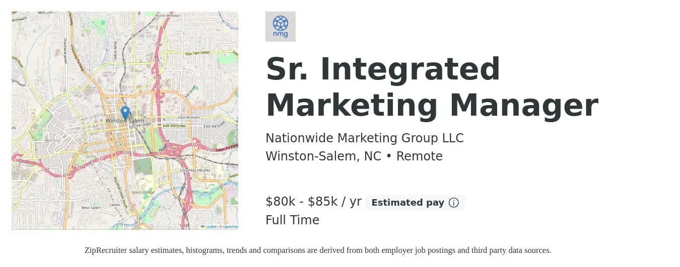 Nationwide Marketing Group LLC job posting for a Sr. Integrated Marketing Manager in Winston-Salem, NC with a salary of $80,000 to $85,000 Yearly with a map of Winston-Salem location.